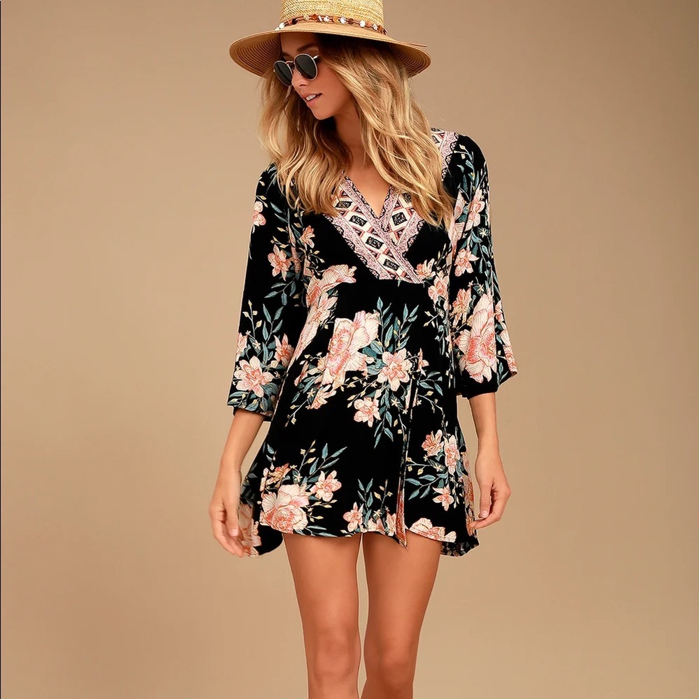 BILLABONG Divine Black Floral Print Wrap Dress